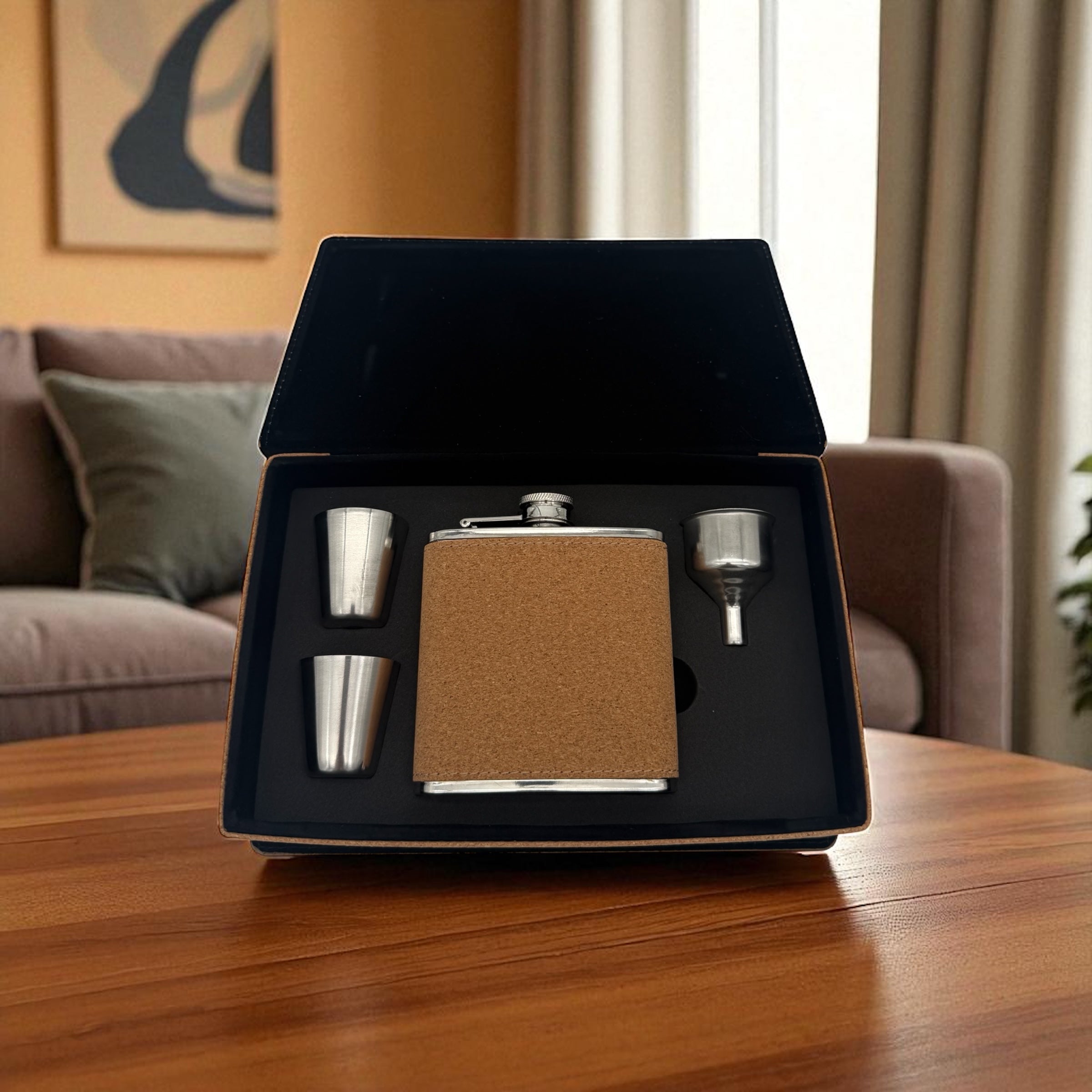 Engraved Cork Flask & Shot Glass Box - Unique Gift For Adventurers