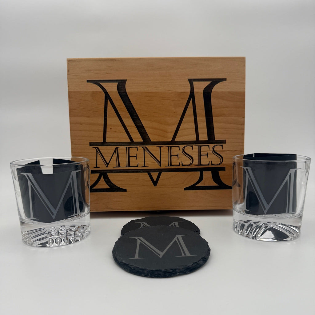 Whiskey glass and coaster box set engraved with a monogram and family name