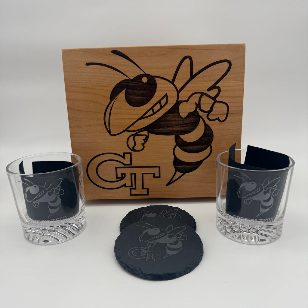 Whiskey glass gift box set engraved with a Georgia Tech yellow jacket logo