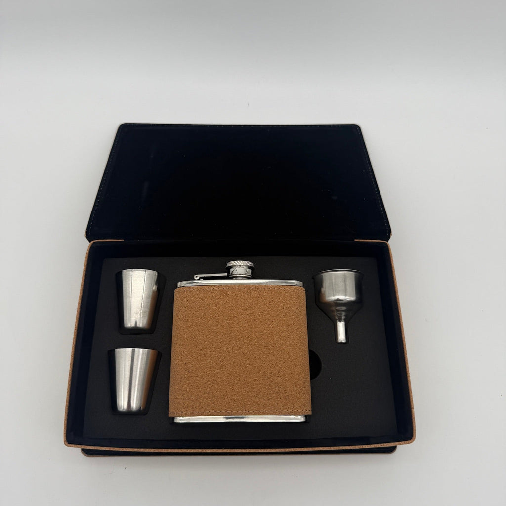 Engraved Cork Flask & Shot Glass Box - Unique Gift For Adventurers