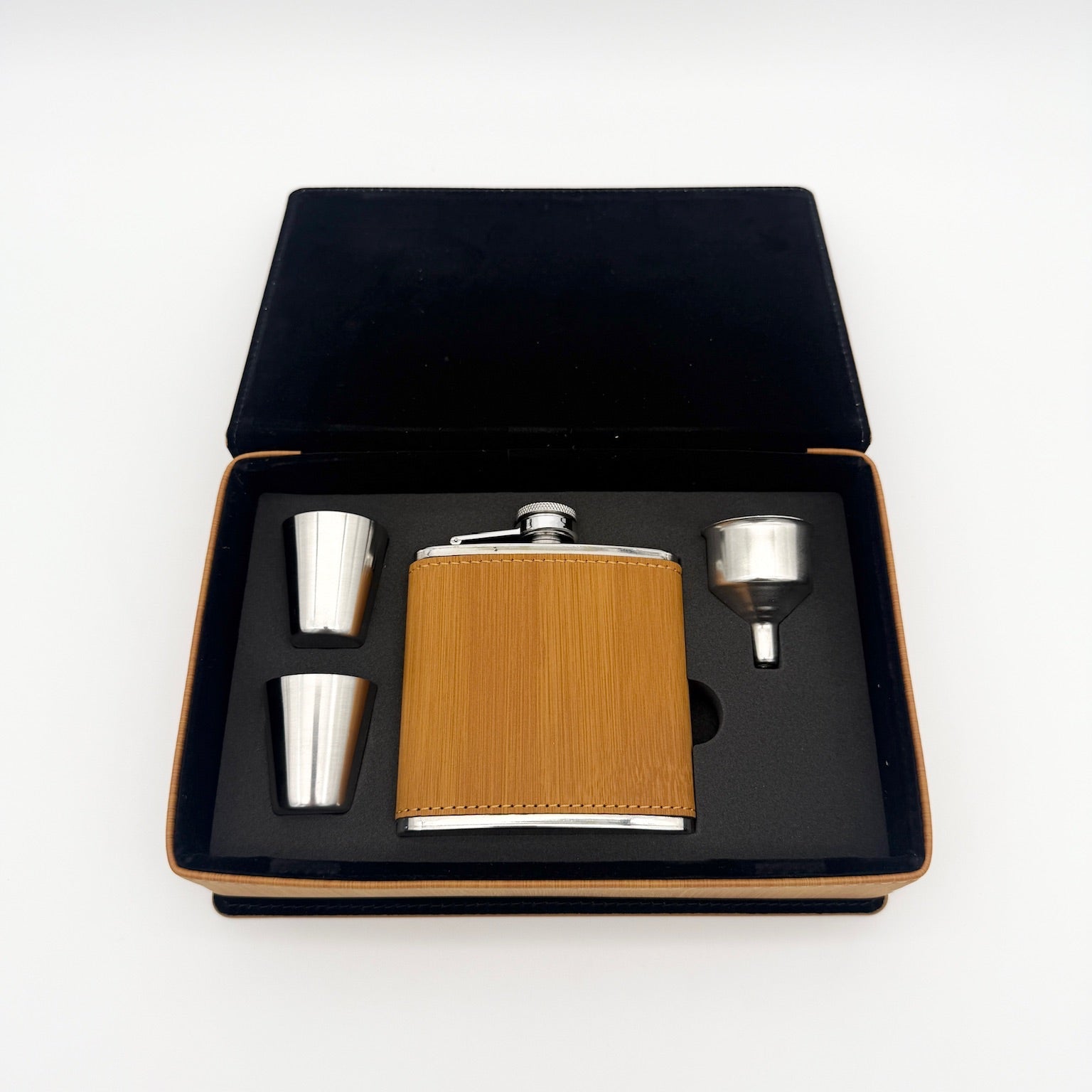 Custom Rawhide Leatherette Flask & Shot Glass Box - Elegant Drinking Set