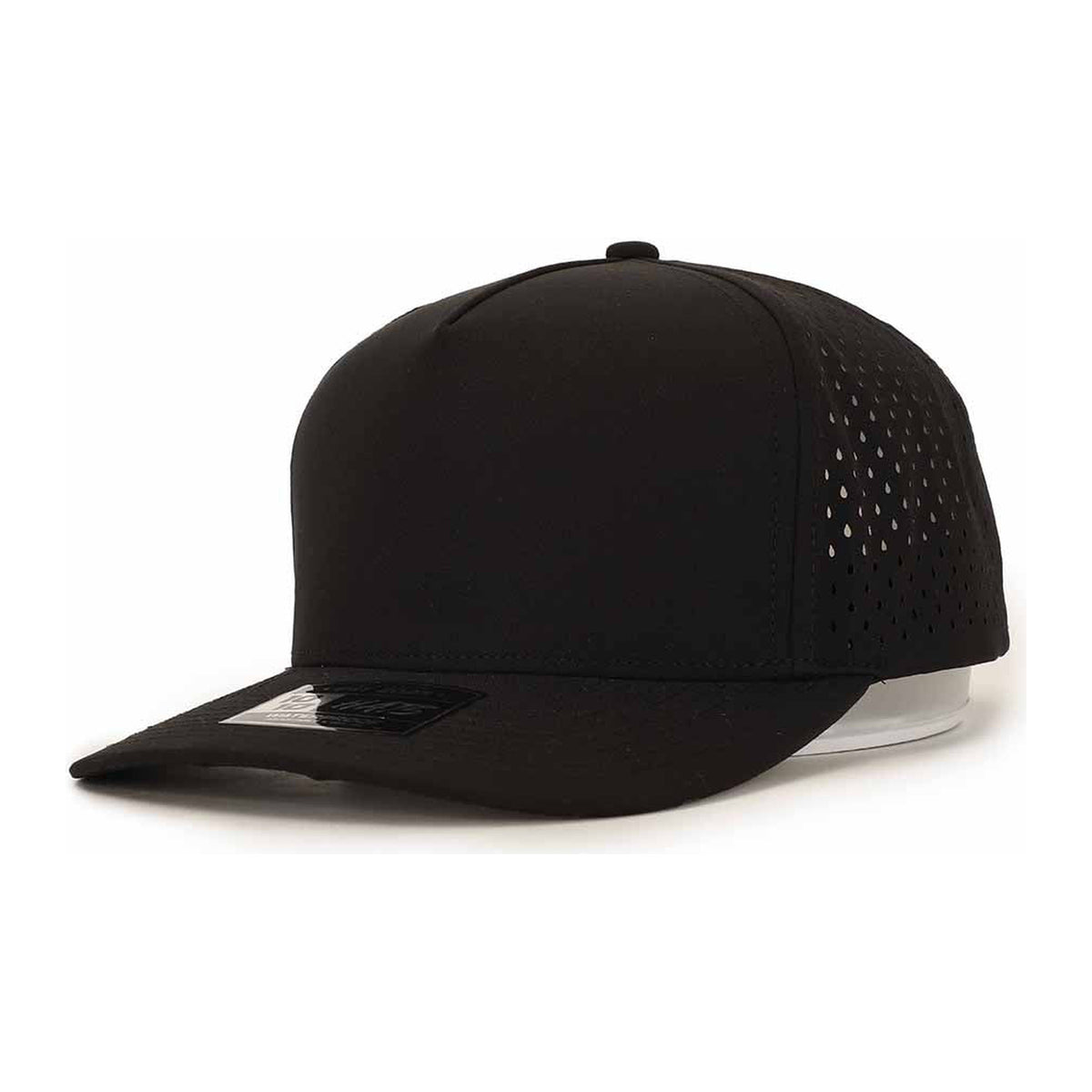 Black 5 panel performance snapback ready for custom leatherette patch